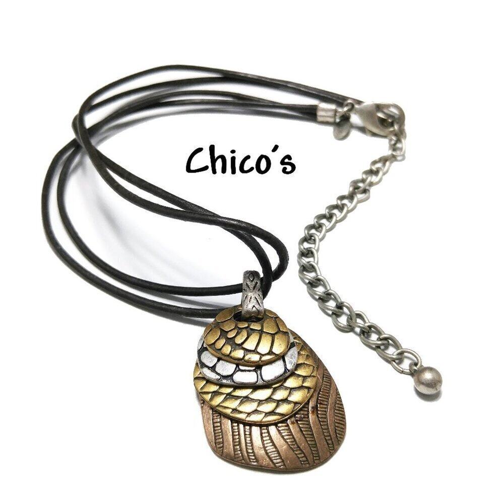Chico’s Layered Metal Pendant Necklace Brown Leather Cord Silver Gold Tones